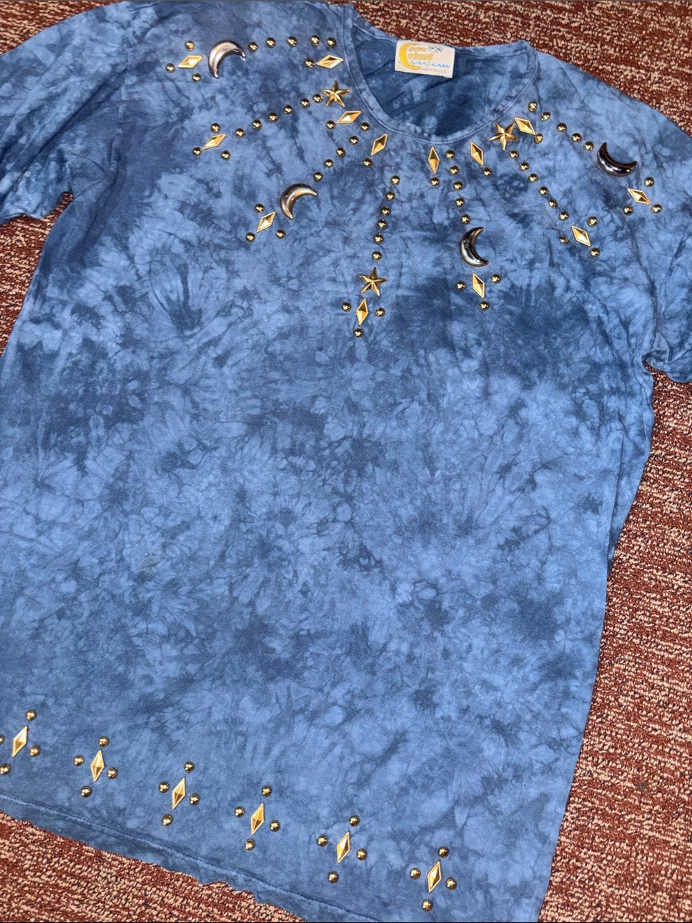 Blue tie dye metallic embelished lunar sky sun & moon detail tunic top free size